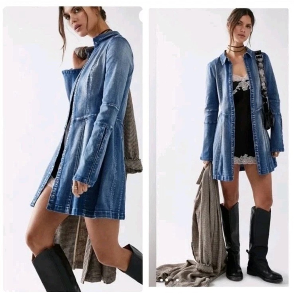 Free People Thea Denim Mini Dress Womens M Blue Snap Front A-Line Long Sleeve - Picture 14 of 14